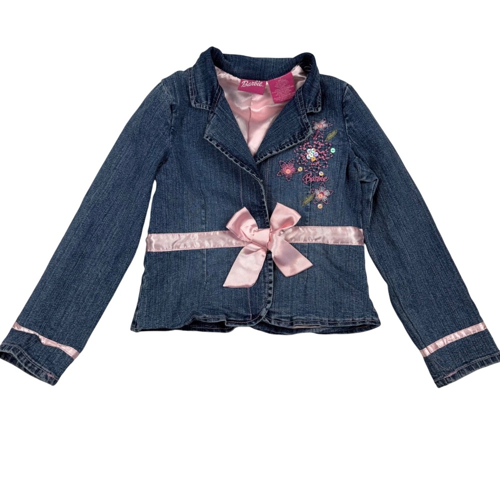 Vintage 2005 Barbie Girls Denim Jacket Pink Ribbon Floral Sequin Size 6 y2k